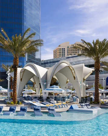 a pool with lounge chairs and palm trees